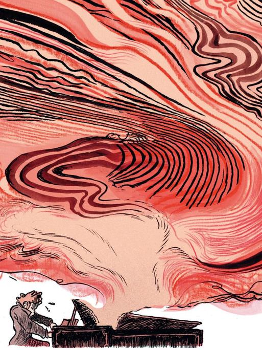 Szene aus der Graphic Novel "Goldjunge - Beethovens Jugendjahre" von Mikael Ross: Beethoven spielt an einem Flügel, aus dem Musik kommt, in einer Art widen Wolke in verschiedenen Rottönen.