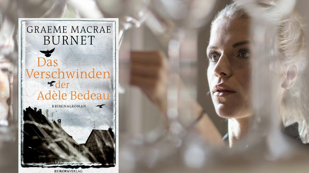 Buchcover von Graeme Macrae Burnets Roman "Das Verschwinden der Adele Bedeau" (Europaverlag). Im Hintergrund ist eine Kellnerin zu sehen.