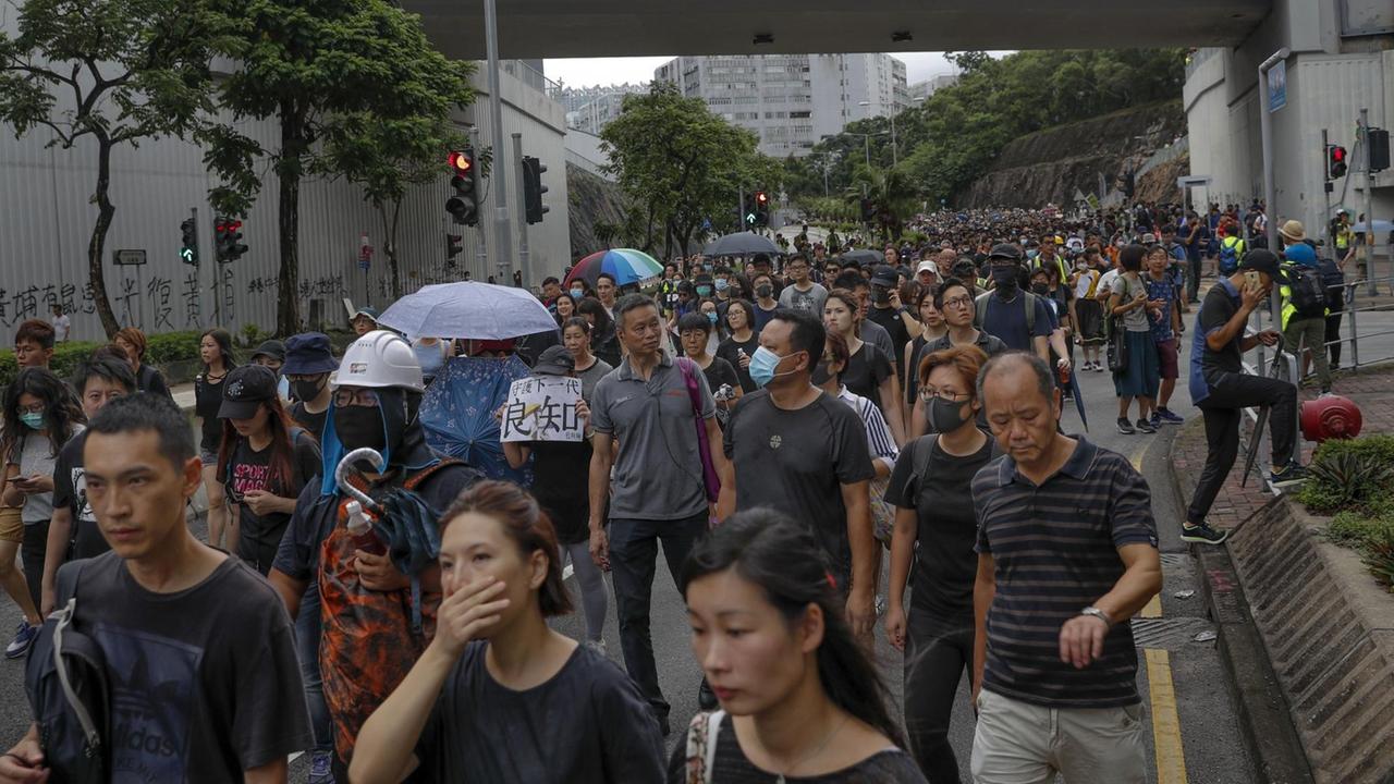 Demonstranten nehmen an einem Marsch teil, der von einer prodemokratischen Gruppe organisiert wird.