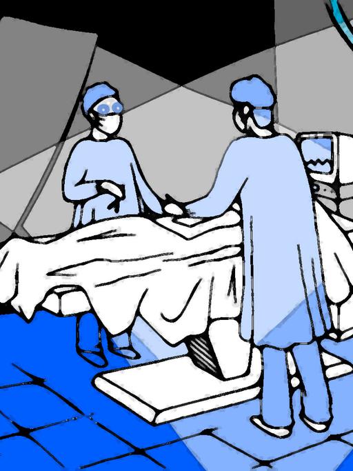 Grafik von einer Krankenhausszene: Ein Arzt und eine Krankenschwester in blauen OP-Kitteln, Hauben und Mundschutz stehen am Bett eines Patienten.