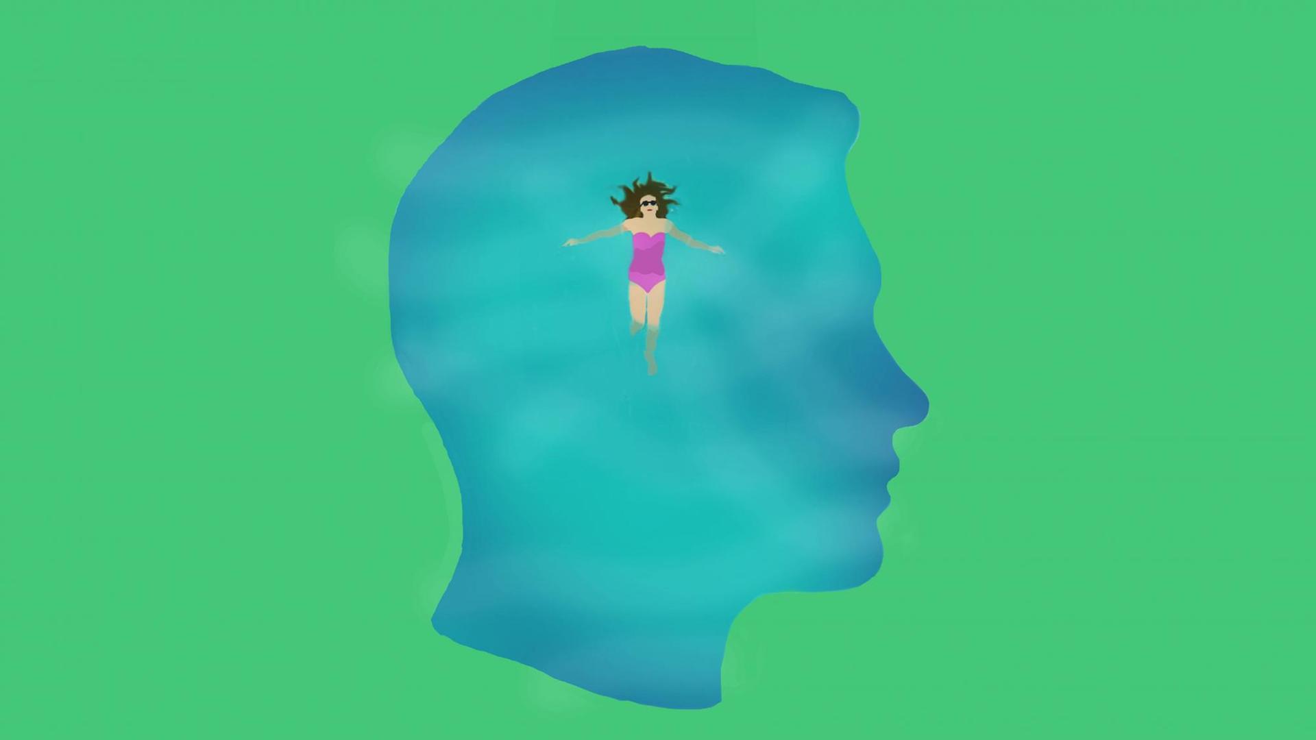 Die Silhouette eines Jungenkopfes, in dem eine Frau im Badeanzug schwimmt.
