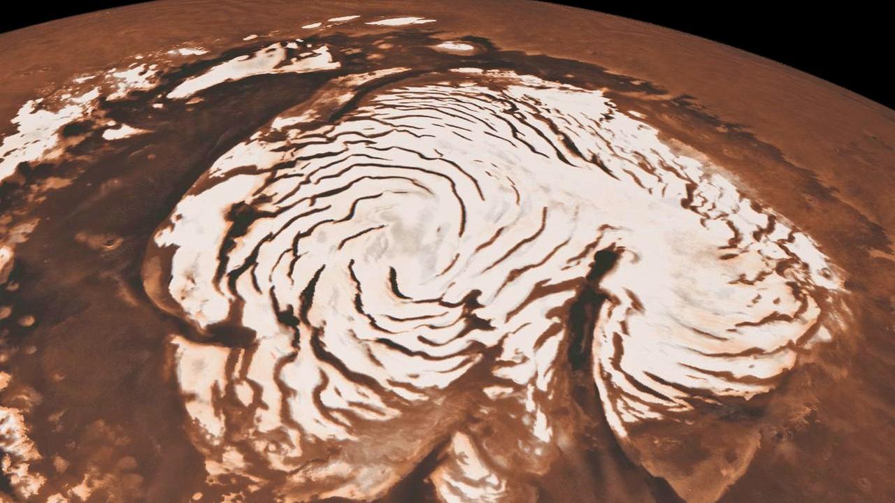 Die Eiskappe über dem Nordpol des Mars zeigt eine ausgeprägte Spiralstruktur