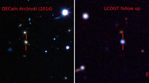 Nur scheinbar unspektakulär: Links die Galaxie im Jahr 2014 ohne, rechts mit der leuchtkräftigsten Supernova