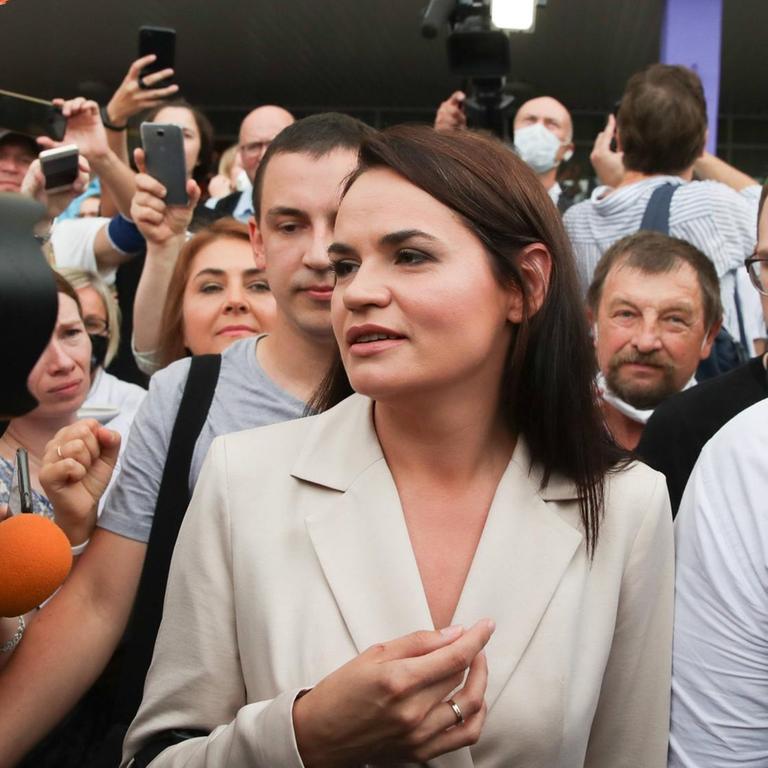 Presidential candidate Svetlana Tikhanovskaya after voting in the 2020 Belarusian presidential election.