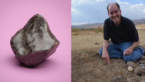 Ein Meteorit, der vom Kleinplaneten Vesta stammt, und sein "Finder", Peter Jenniskens vom SETI-Institut