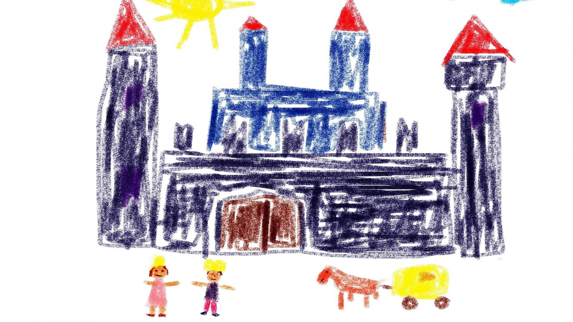Kinderzeichnung: Prinz und Prinzessin vor ihrem Schloss.