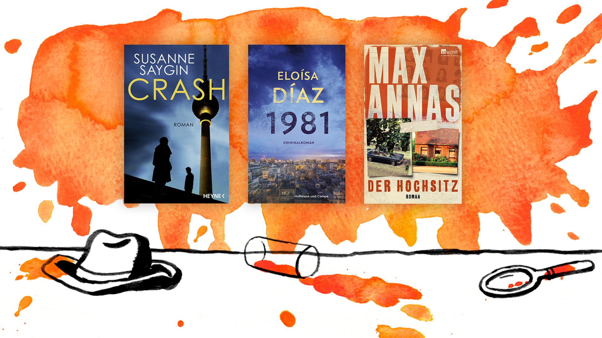 Die Cover der Top drei der Krimibestenliste des Augusts 2021: Susanne Saygins „Crash“, Eloísa Díaz' "1981" und Max Annas' "Der Hochsitz" (v.l.n.r.).