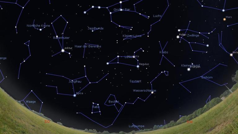 Die Sternbilder am Südhimmel morgen gegen Mitternacht, am 15. April gegen 23 Uhr und am Monatsende gegen 22 Uhr Die Sternbilder am Südhimmel morgen gegen Mitternacht, am 15. April gegen 23 Uhr und am Monatsende gegen 22 Uhr