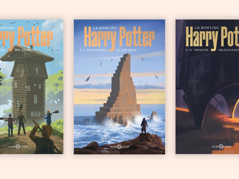 Verschiedene Harry Potter Buchcover. Alle zeigen architektonische Gebilde aus den Harry Potter Geschichten.