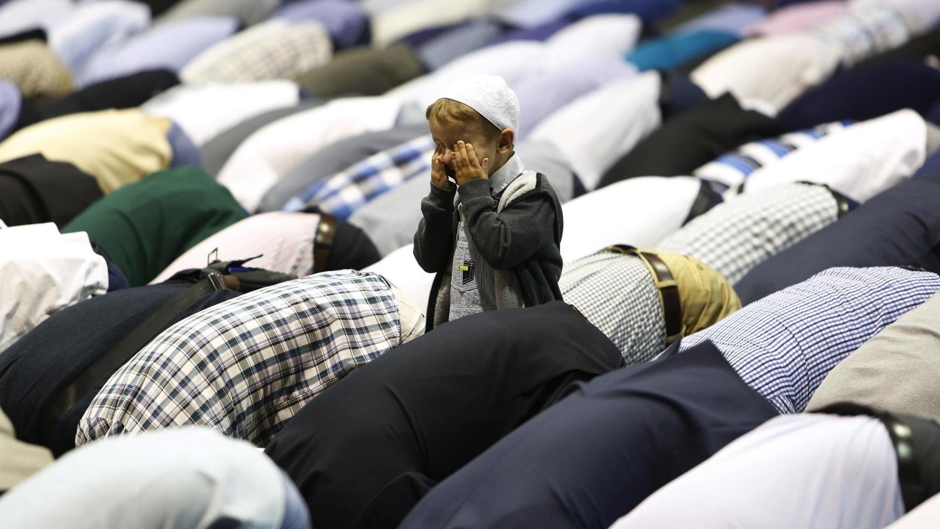 Ein muslimischer Junge sitzt am beim Gebet zum muslimischen Opferfest in Sarajevo zwischen den betenden Gläubigen.