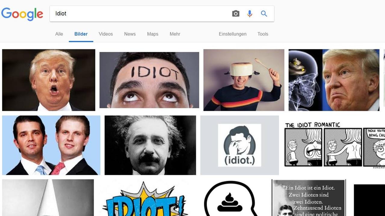 Screenshopt von der Google-Seite mit dem Suchauftrag "Bilder"- "Idiot": Wer bei Google-Bildersuche "Idiot" eingibt, bekommt ziemlich viel Trump angeboten.