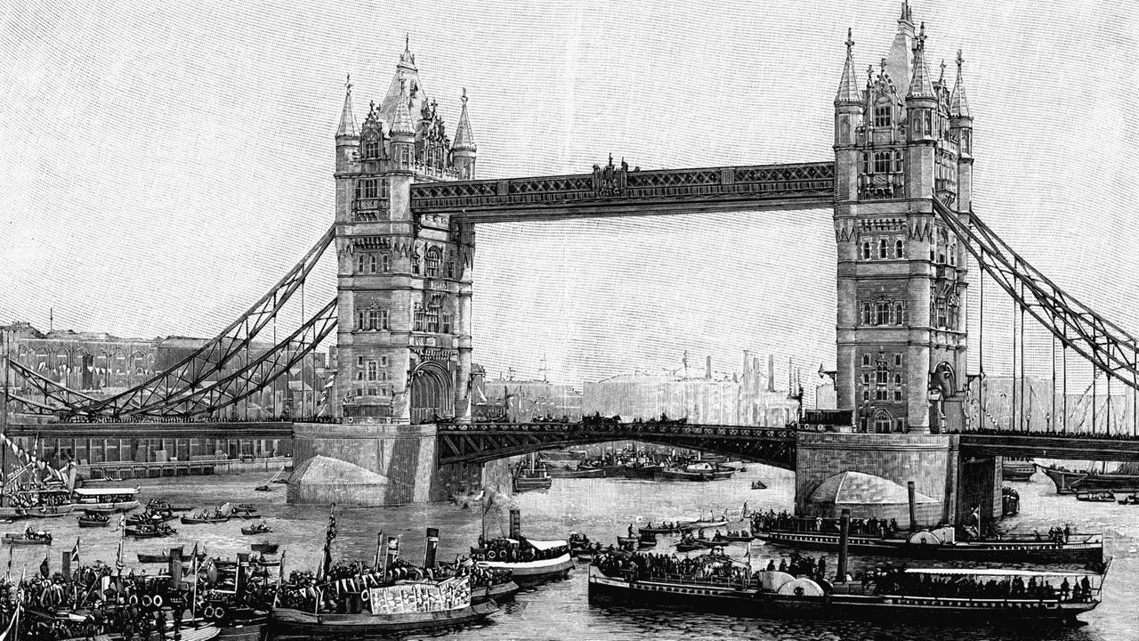 Historischer Schwarz-weiß-Druck: Eröffnung der Tower Bridge, London, England, Großbritannien, 1890.