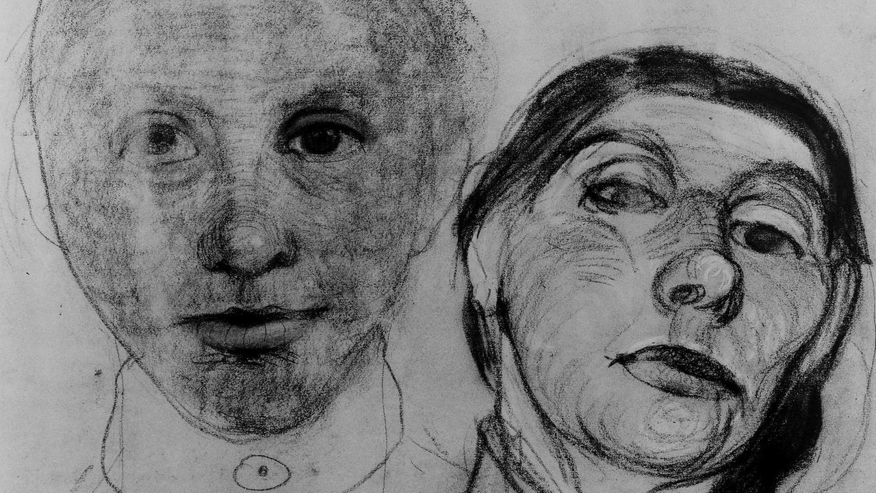 Zwei schnell nebeneinander ausgeführte Kohlezeichnungen von Paula Modersohn-Beckers Gesicht.