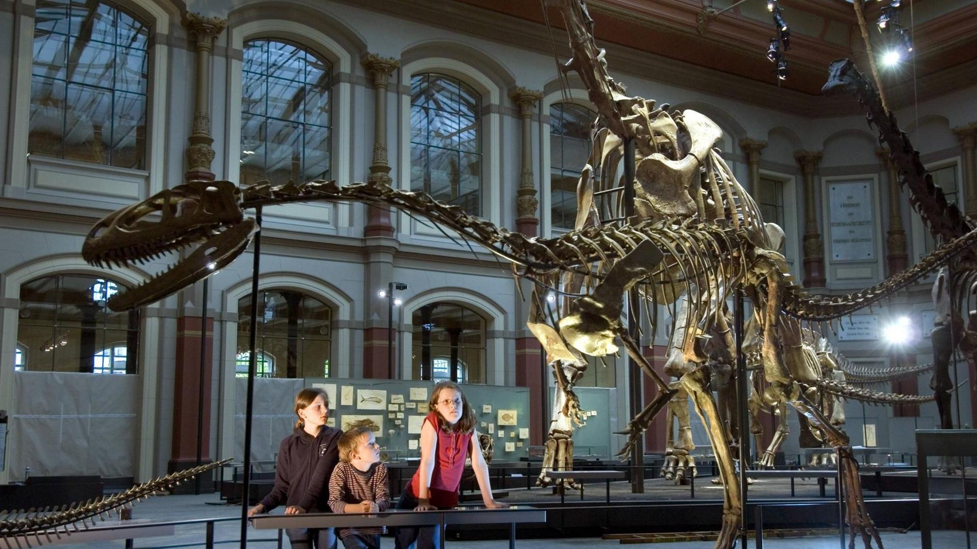 Kinder bestaunen ein Dinosaurierskelett im Berliner Museum für Naturkunde.
