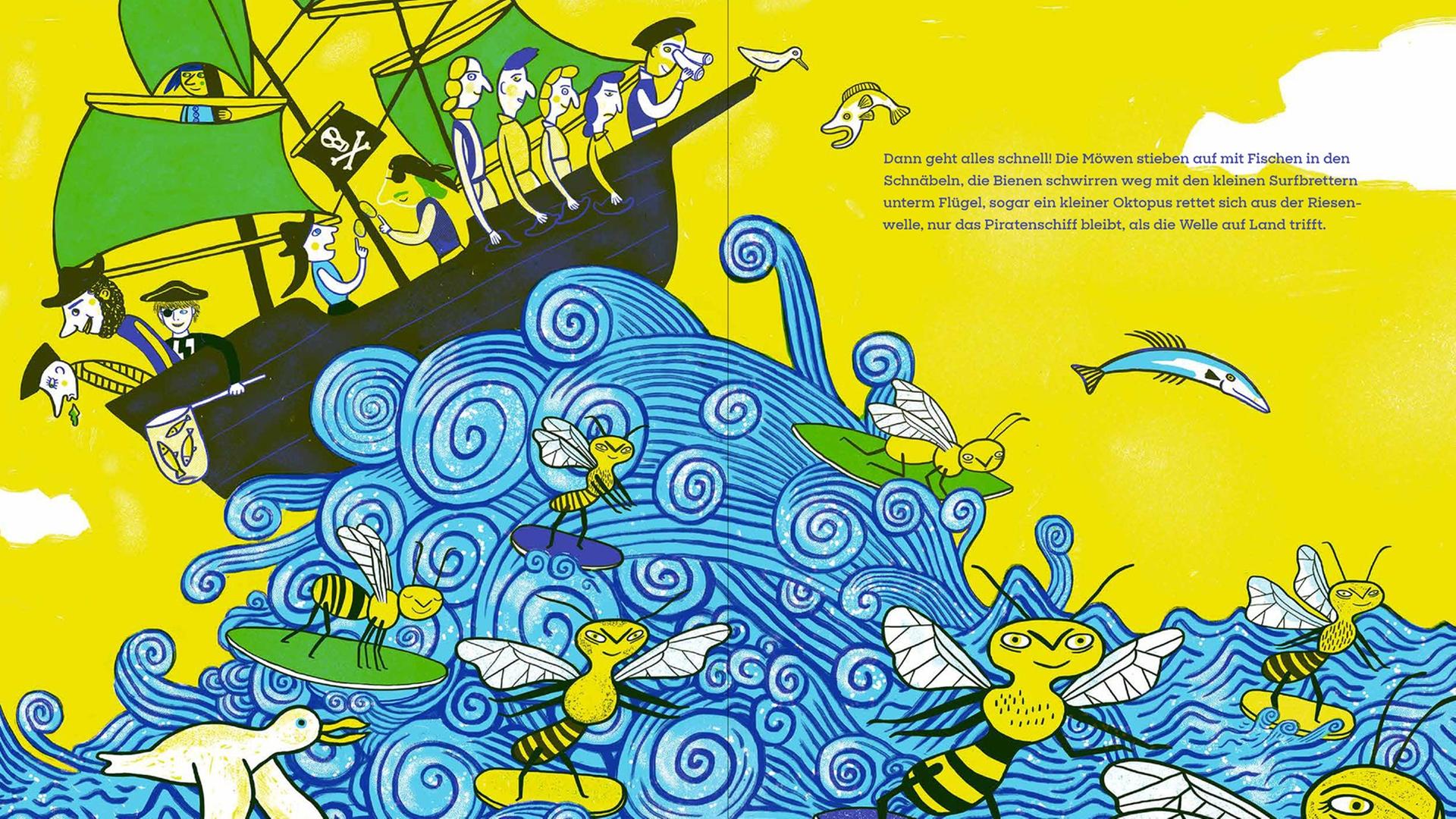Auf der Seite aus Saša Stanišics Kinderbuch „Hey, Hey, Hey Taxi“, illustriert von Katja Spitzer, ist ein Piratenschiff auf einer Welle zu sehen.