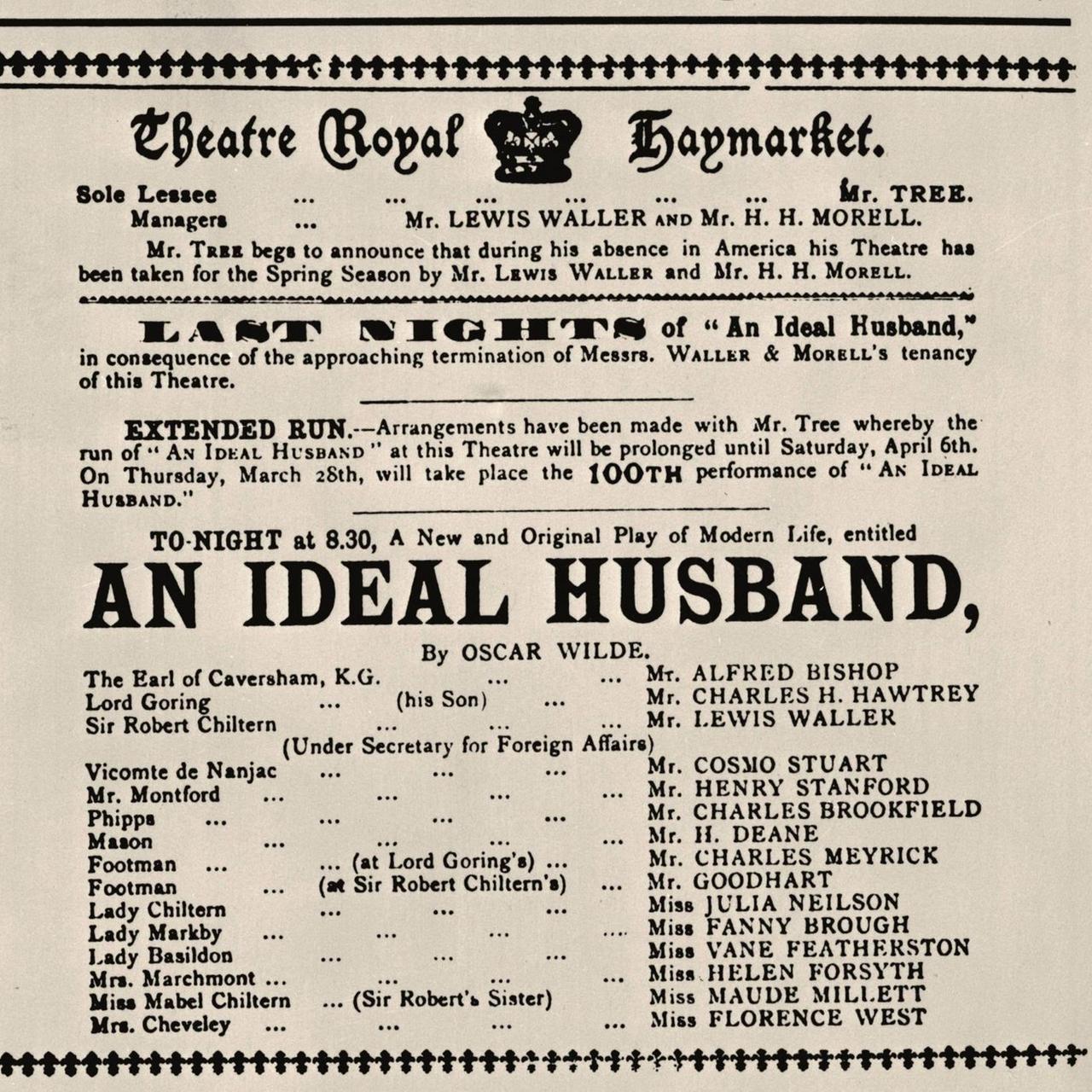 Theaterzettel der Urauffuehrungim Londoner Haymarket Theatre am 3. Januar 1895: An Ideal Husband (Ein idealer Gatte)m von Oscar Wilde