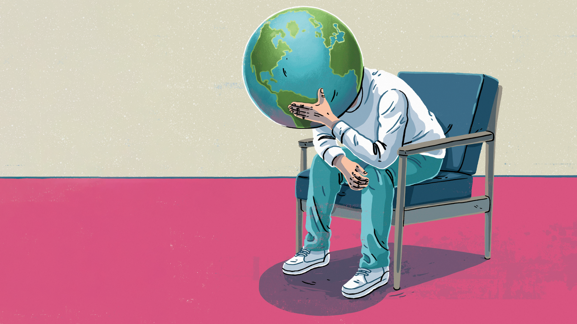 Illustration: Eine Person mit einem Globus als Kopf sitzt nachdenklich in einem Sessel.
