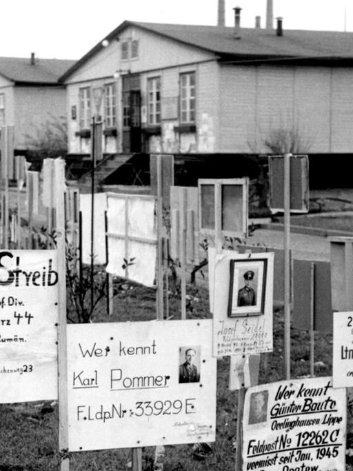 Suchschilder im Lager Friedland, aufgenommen im November 1955: Die britische Armee hatte im September 1945 in dem kleinen Ort Friedland bei Göttingen ein Auffanglager für Kriegsheimkehrer, Flüchtlinge und Vertriebene eingerichtet.