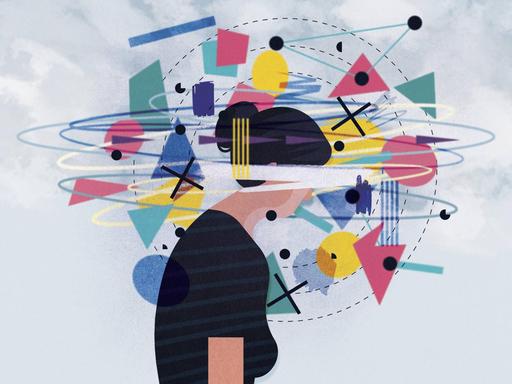 Illustration: Bunte Formen wirbeln um den Kopf einer Frau mit leicht gesenktem Kopf herum.