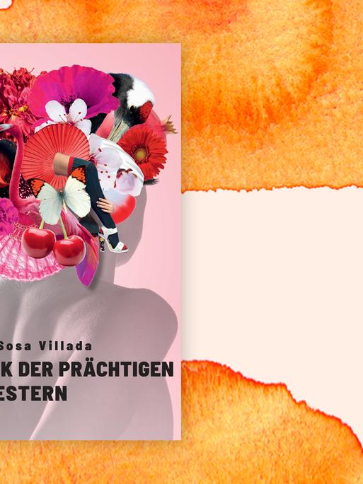 Cover des Romans "Im Park der prächtigen Schwestern": Rückansicht von Kopf und Schulterpartie einer unbekleideten Frau, an der Stelle ihres Kopfes befindet sich eine wilde, rosarote Collage aus Blumen, einem Schmetterling, einem Flamingo, einem Frauenbein, Kirschen und mehr.