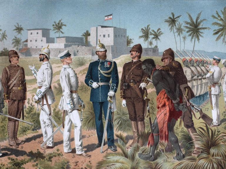 Verschiedene Uniformen der Schutztruppe, koloniale Truppen in den afrikanischen Gebieten des Deutschen Kolonialreichs vom Ende des 19. Jahrhunderts bis 1918.