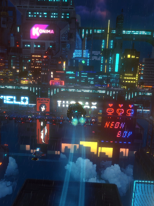 Ein fliegendes Liefer-Auto vor einer futuristischen Stadt mit kalter Neonreklame