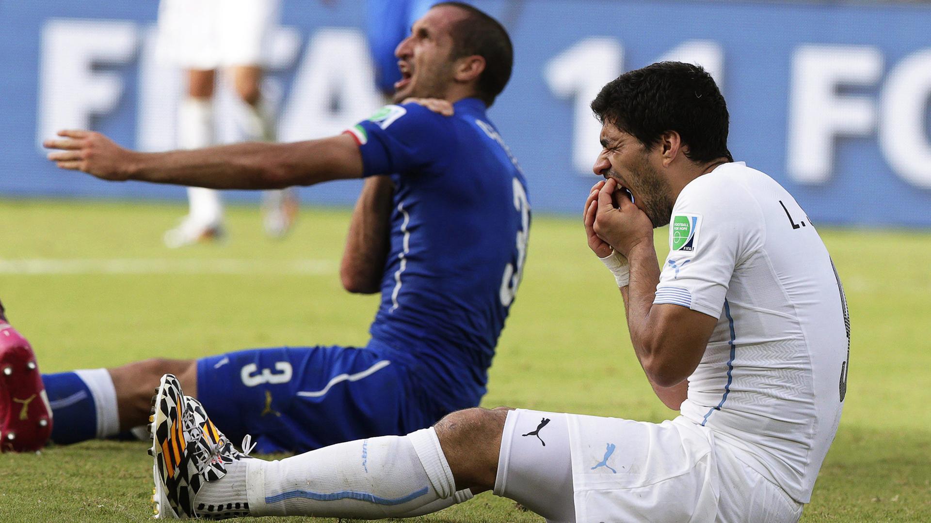 Der italienische Abwehrspieler Giorgio Chiellini (l) weist auf seine Schulter, in die Uruguays Stürmer Luis Suárez (r) gebissen hat. Chiellini hält sich die Schulter, Suarez fasst an seine Zähne.