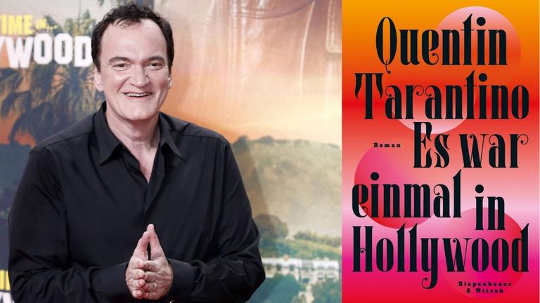 Quentin Tarantino: "Es war einmal in Hollywood" Zu sehen sind das Buchcover und Quentin Tarantino bei der Berlin-Premiere des Films "Once upon a time in Hollywood"