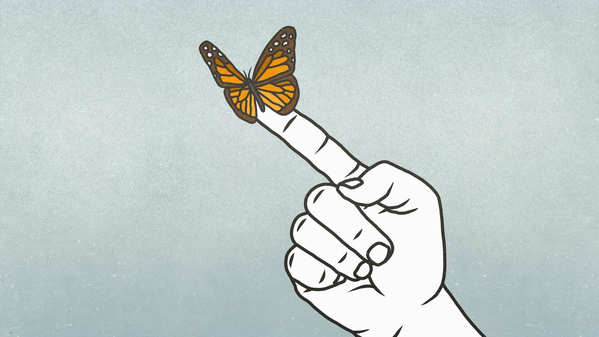 Illustration: EIn Schmetterling sitzt auf einem Finger.