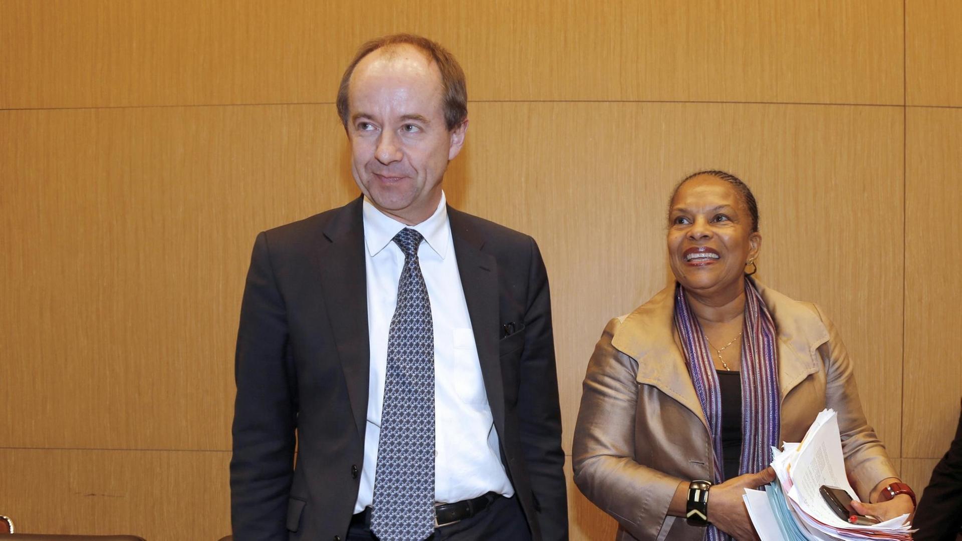 Jean-Jacques Urvoas, neuer Justizminister und Christiane Taubira, ehamalige Justizministerin Frankreichs