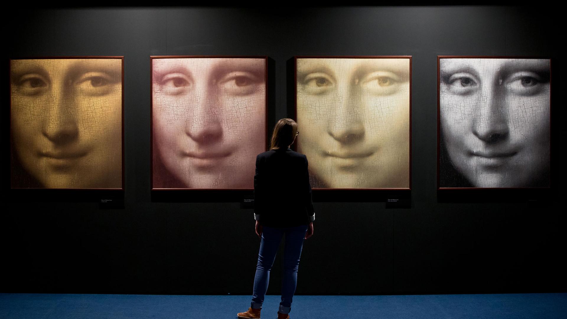 Vier Detailaufnahmen des Gesichts der Mona Lisa, aus dem gleichnamigen Gemälde von Leonardo da Vinci, in Infrarot, den ursprünglichen, heutigen und falschen Farben sind am 09.04.2014 in Nürnberg (Bayern) während der Ausstellung "Da Vinci - das Genie" zu sehen. Foto: Daniel Karmann/dpa