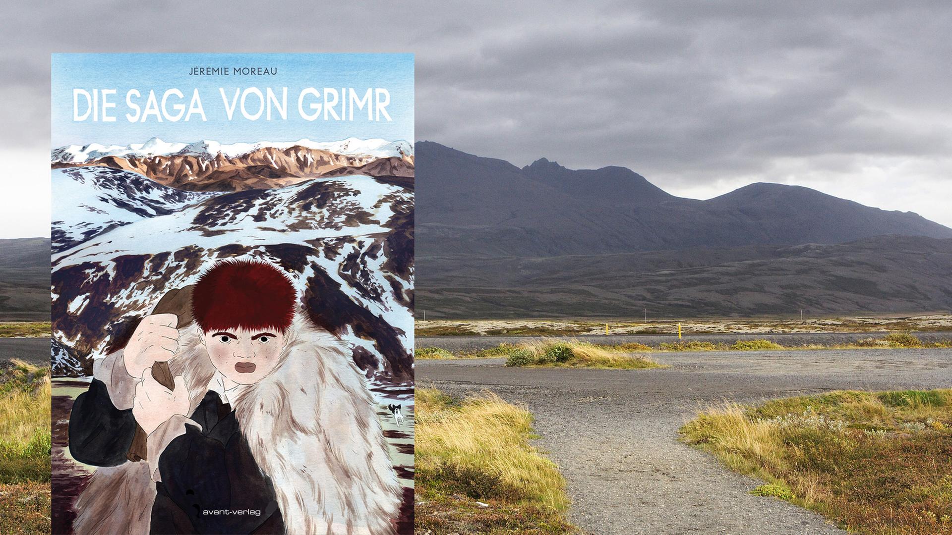 Cover "Saga von Grimr", im Hintergrund Vulkane und Berge auf Island