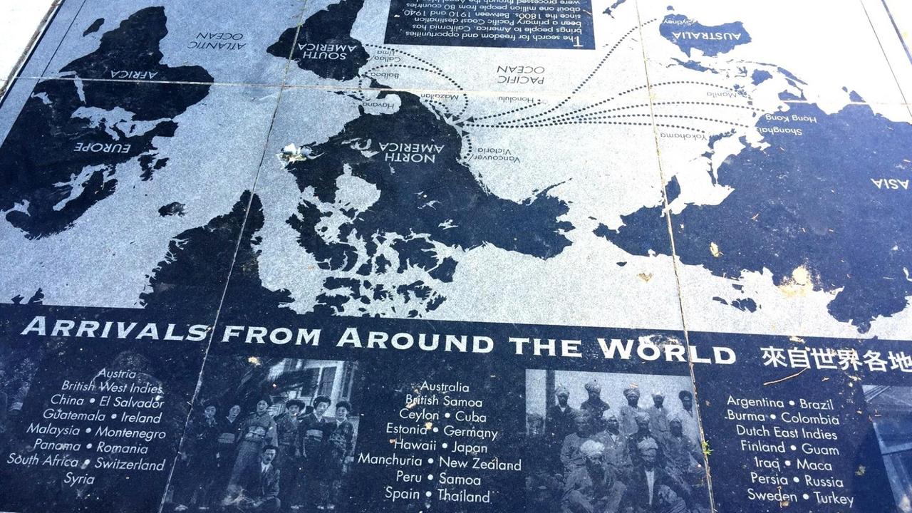 Die Herkunftsländer der Einwanderer auf Angels Island Anfang des 20. Jahrhunderts abgebildet auf einer Karte.