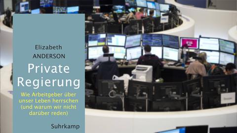 Im Vordergrund ist das Cover des Buches "Private Regierungen", im Hintergrund sitzen mehrere Menschen an mehreren Bildschirmen.
