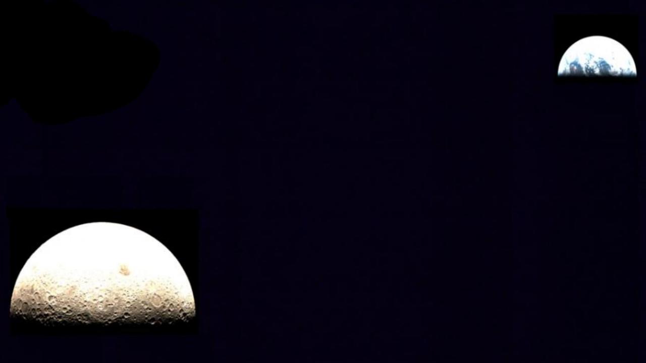 Die Rückseite des Mondes und die Erde, aufgenommen vom chinesischen Relais-Satelliten Queqiao, "Elsternbrücke"