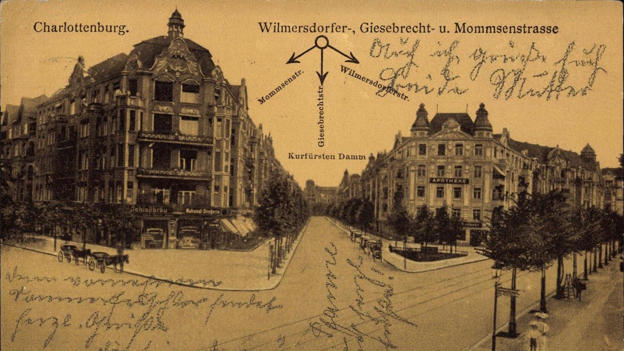 Eine alte Postkarte, vermutlich von 1935, zeigt die Ecke Wilmersdorfer, Giesebrecht und Mommsenstraße in Berlin Charlottenburg!