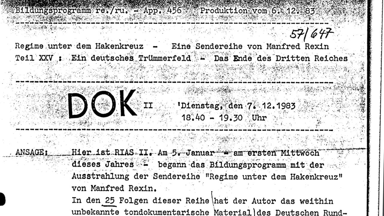 Manuskript zur Sendereihe "Regime unter dem Hakenkreuz" von Manfred Rexin.