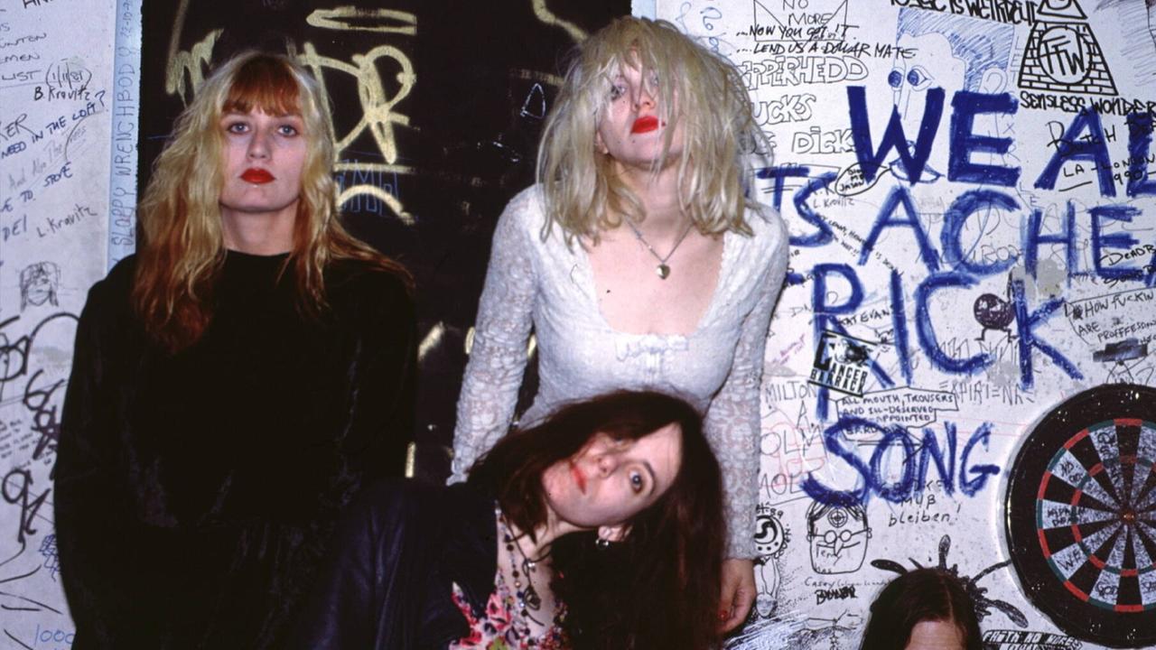 Die Band "Hole" mit der Sängerin Courtney Love (rechts oben), 1991.