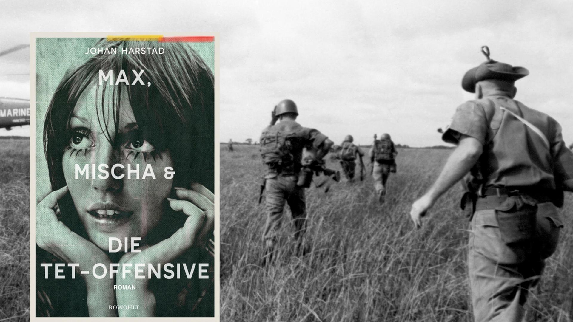 Amerikanische Marines bei einem Einsatz im Vietnamkrieg im Hintergrund, im Vordergrund: Buchcover "Max und Mischa und die Tet-Offensive"