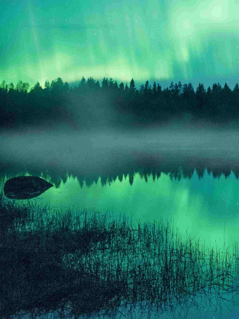 Ein skandinavischer See am Waldrand in der Dämmerung mit grünen Nordlichtern.