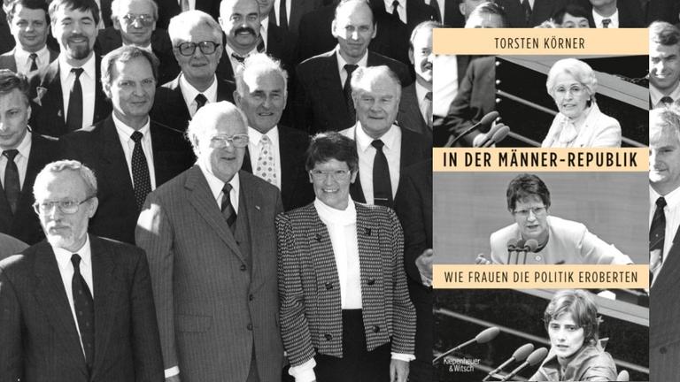 Im Hintergrund: Bundespräsident Richard von Weizsäcker (3.v.r.) posiert am 30.10.1990 mit den neuen Bundestagsabgeordneten auf der Terrasse der Villa Hammerschmidt in Bonn. Rechts im Bild: Das Buchcover "In der Männer-Republik"