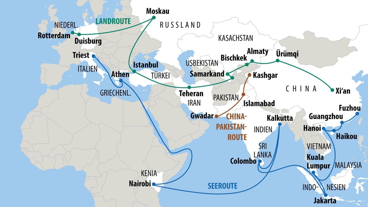 Grafik Handelswege zu Chinas Vorhaben "Neue Seidenstraße"