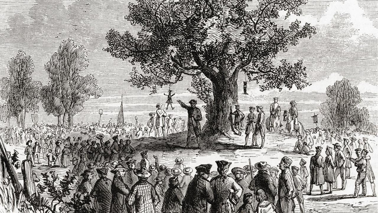 Amerikanische Kolonisten versammeln sich im Jahr 1774 am Liberty Tree in Boston - historische Darstellung aus dem Jahr 1861 aus Cassell's Illustrated History Of England