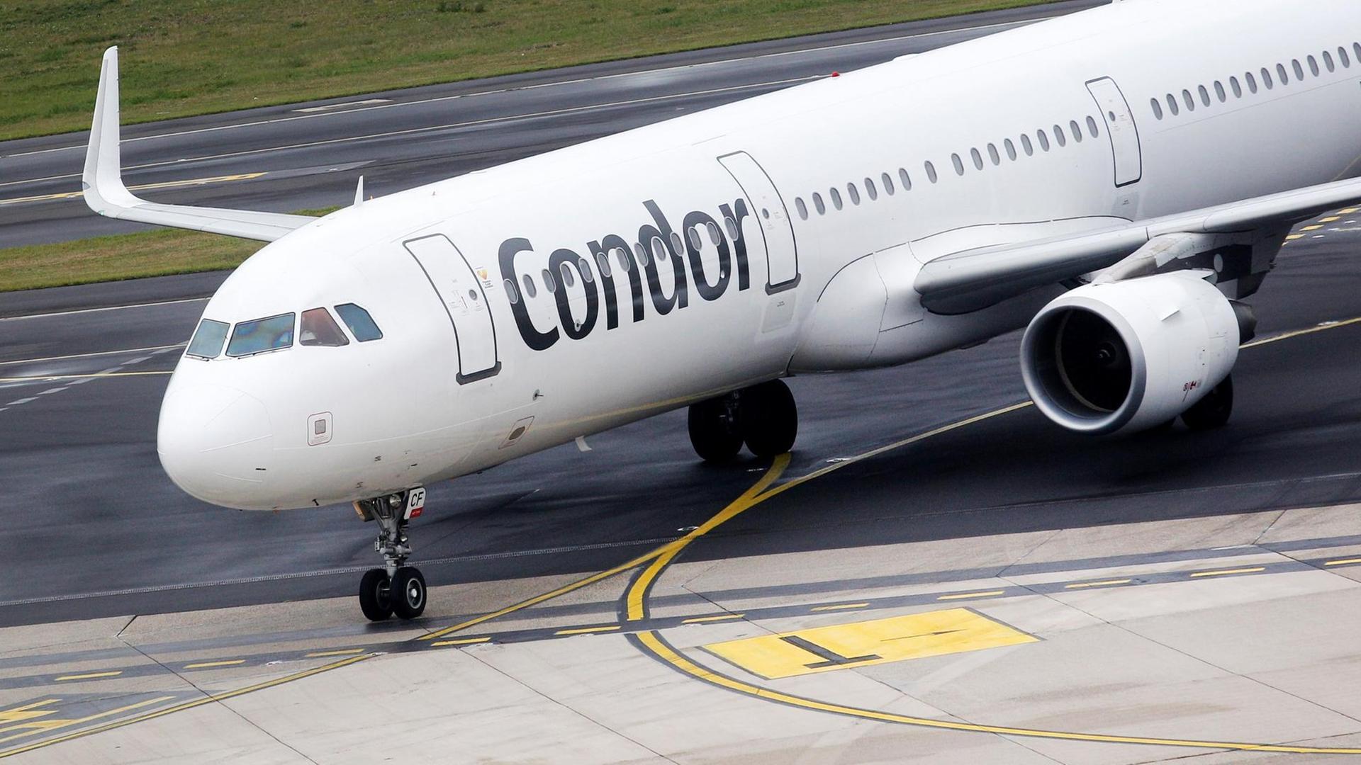 Das Foto zeigt ein Flugzeug der Fluggesellschaft Condor am Düsseldorfer Flughafen zu seiner Parkposition.