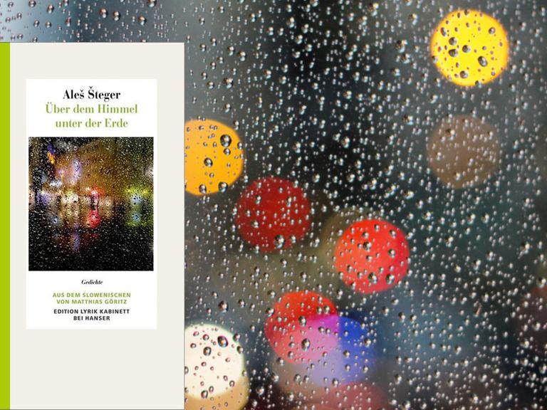 Das Cover von „Über dem Himmel unter der Erde“ liegt auf einem Bild mit regenverzerrter Lichtpunkte.