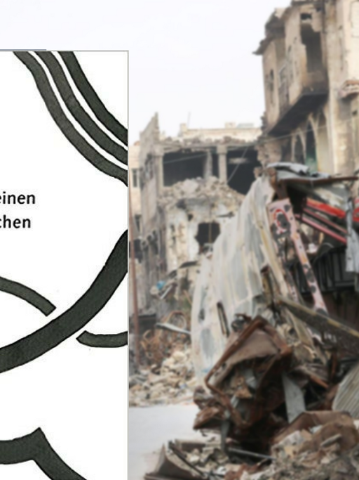 Cover: "Der Tod backt einen Geburstagskuchen" von Hamed Abboud, im Hintergrund die zerstörte syrische Stadt Aleppo