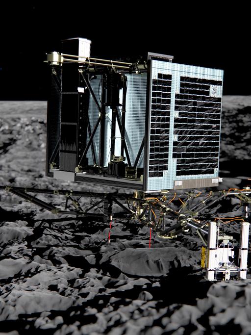 So sieht "Rosettas" Landeeinheit "Philae" aus, die sich am 12. November 2014 von der Muttersonde lösen und auf die Oberfläche des Kometen Tschurjumow-Gerassimenko hinabsinken soll.