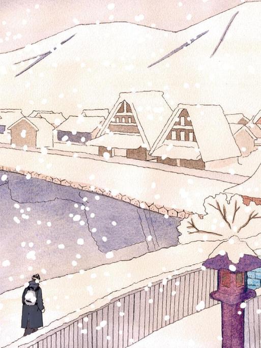 Ein Dorf ist zu sehen, es schneit und ein Mann läuft durch das Bild