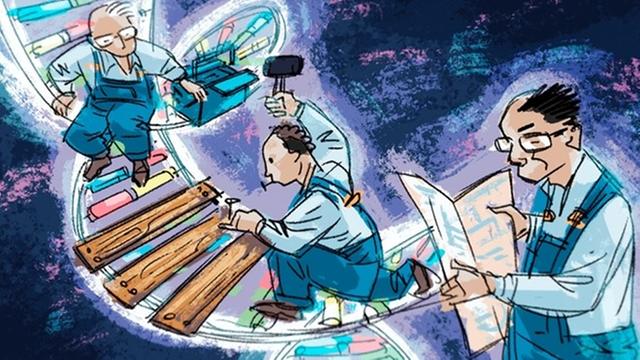 Zeichnung: Drei Handwerker arbeiten an einem der DNA-Helix nachempfundenen Gleis.