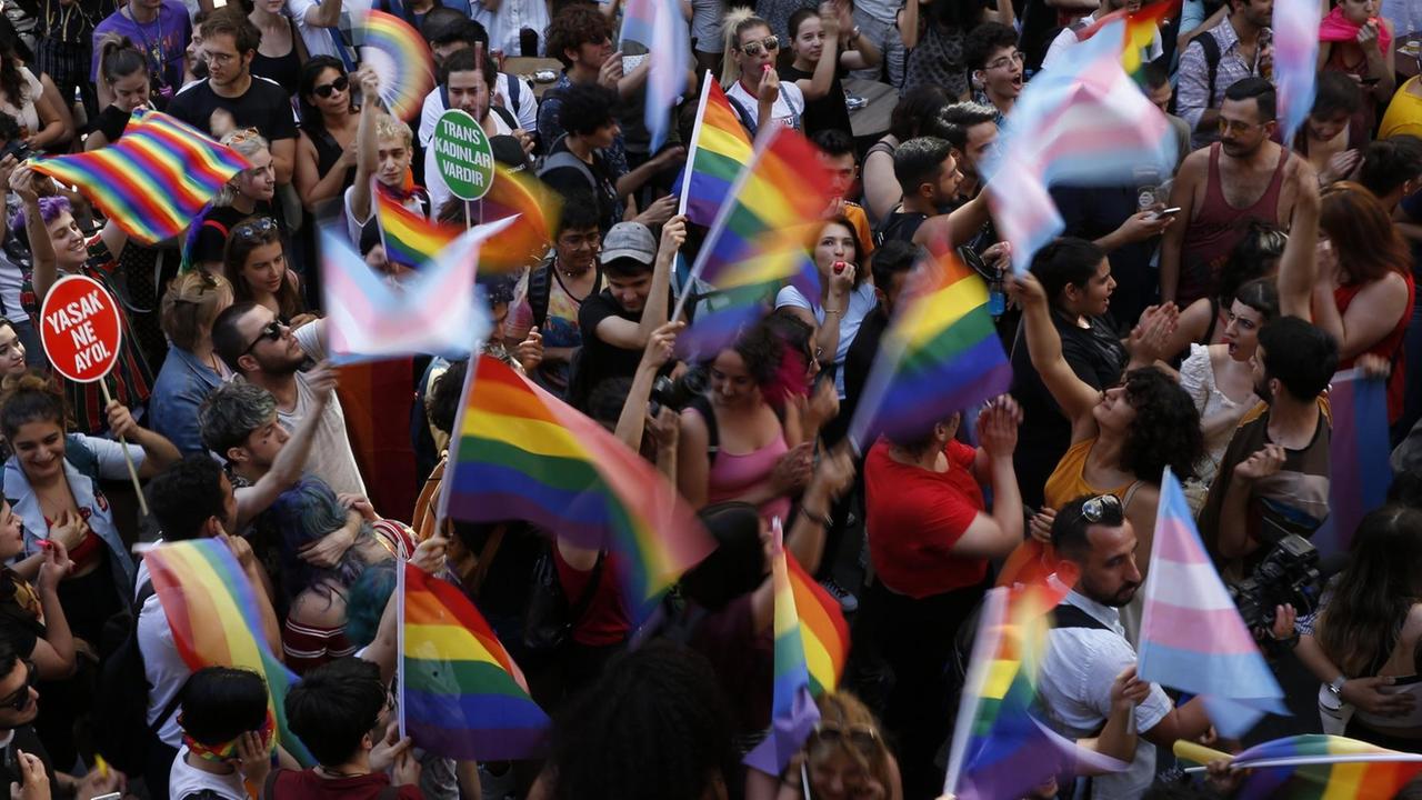 Die Teilnehmer einer nicht genehmigten "Gay Pride" Kundgebung in der türkischen Metropole Istanbul